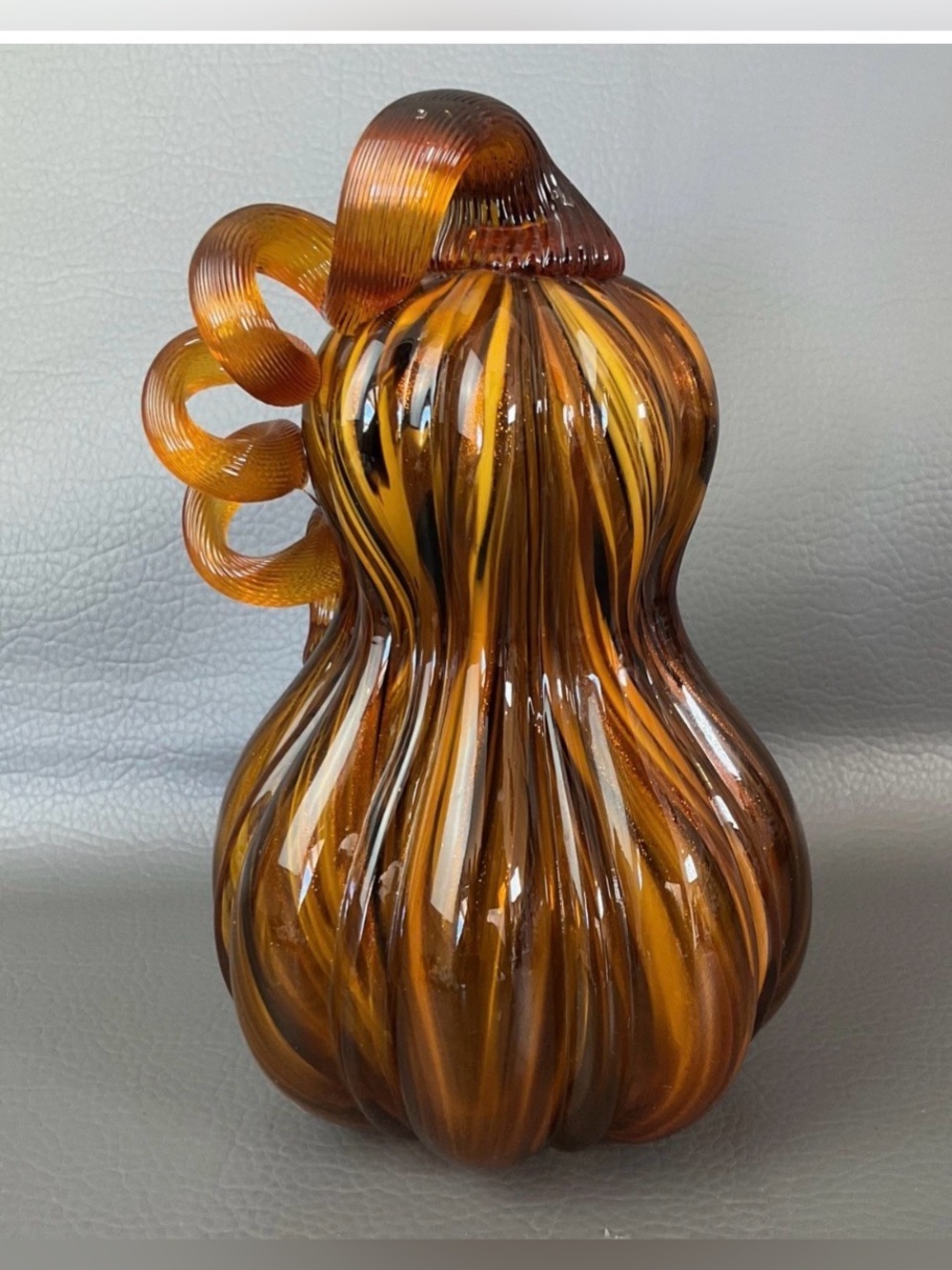 Hand Blown Art Glass Gourd w/Coiled Stem Brown Gold Glitter Stripes Orange